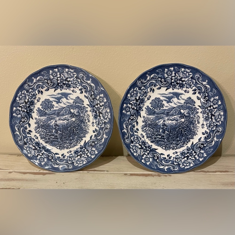 Set of 2 Vintage Royal Tudor Ware "Red River" Blue & White Salad Plates 7.75"